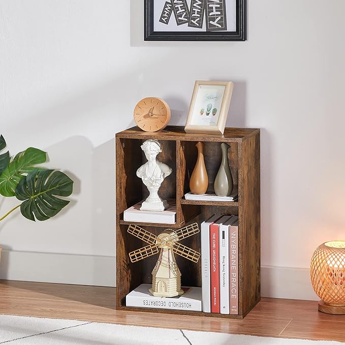 VECELO 3-Cube Small Bookshelf, Modern Bookcases with Shelves Height Up to 12.8 Inches, Suit for Common Size TextBook, Vertical or Horizontal, Cubby Storage Organizer,Rustic Brown - LeafyLoom