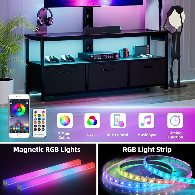 TV Stand with Mount and Power Outlet, Swivel TV Stands Mount with LED Lights for 32/45/55/60/65 inch TVs, Entertainment Center with Storage, Media Console Cabinet for Living Room, Bedroom, Black - LeafyLoom