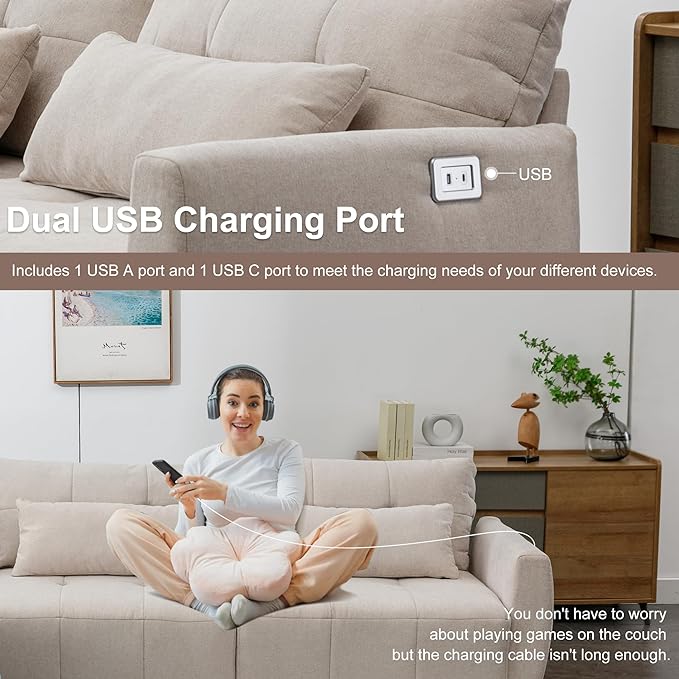 Oversized Sectional Sofa with USB Charging Port, Movable Ottoman & 2 Pillows, Extra Deep Seats & Button Tufted Backrest, 3-Seat L-Shaped Cloud Couch for Apartment, Living Room, Bedroom - LeafyLoom