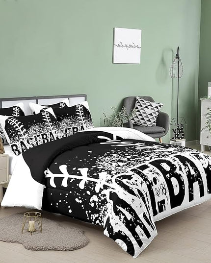 Bodhi Black and White Comforter Set,Sports Bedding Set for Boys Kids,Boys Baseball Bedding Full Size,Kids Comforter Set with Pillowcases,Teen Boys Bedding Set Full Size - LeafyLoom