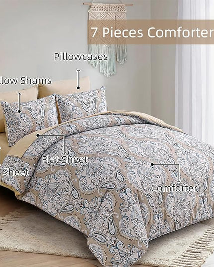 Yiran 7 Pieces Paisley Bedding Set Comforter Set Brown Boho Floral Bed in a Bag Microfiber Comforter Queen Size 90"×90"(1 Comforter,2 Pillowcases,2 Pillow Shams,1 Flat Sheet,1 Fitted Sheet) - LeafyLoom
