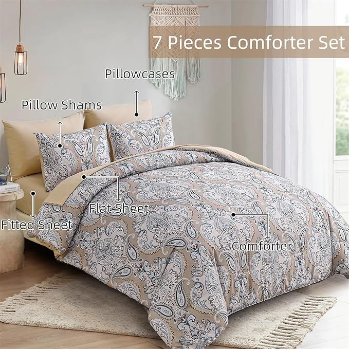 Yiran 7 Pieces Paisley Bedding Set Comforter Set Brown Boho Floral Bed in a Bag Microfiber Comforter Queen Size 90"×90"(1 Comforter,2 Pillowcases,2 Pillow Shams,1 Flat Sheet,1 Fitted Sheet) - LeafyLoom