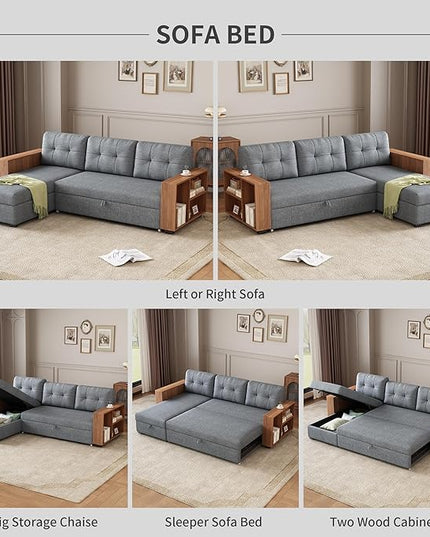 84" Pull Chaise,Sectional Couch Bed,Convertible Sleeper, L Shaped Sofa with Wooden Storage Handrail for Living Room,Apartment,Office,Light Grey - LeafyLoom