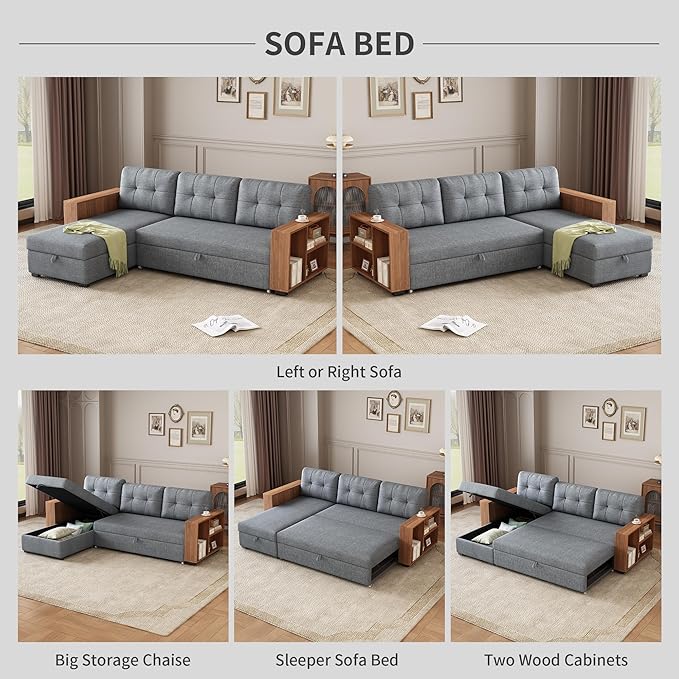 Convertible Sectional Couch with Pull Out Bed and Storage Chaise,L Shaped Sleeper Sofa W/Storage Cabinet Armrests & Removable Back Cushions,Living Room Furniture,for Home,Office,Light Grey,84" - LeafyLoom