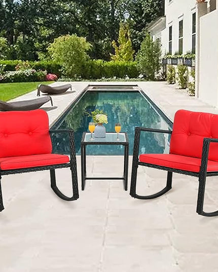 FDW 3 Piece Wicker Patio Furniture Sets Rocking Chair Outdoor Bistro Set Patio Set Rattan Chair Conversation Set with Porch Chairs and Coffee Table,Red - LeafyLoom