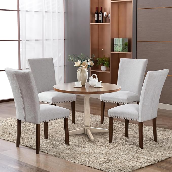 COLAMY Upholstered Parsons Dining Chairs Set of 6, Fabric Dining Room Kitchen Side Chair with Nailhead Trim and Wood Legs - Light Grey - LeafyLoom