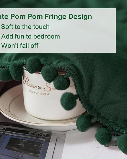 Litanika Queen Size Comforter Set Dark Green,3 Pieces Dark Green Boho Pom Pom Lightweight Bed Comforter, All Season Soft Solid Color Bedding Comforter Sets (1 Comforter 90x90 Inch, 2 Pillowcases) - LeafyLoom