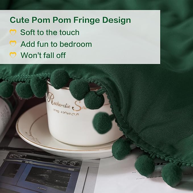 Litanika Comforter Full Size Set Dark Green,3 Pieces Dark Green Boho Pom Pom Lightweight Bed Comforter Full,All Season Solid Color Bedding Comforter Sets (1 Comforter 79x90 Inch, 2 Pillowcases) - LeafyLoom