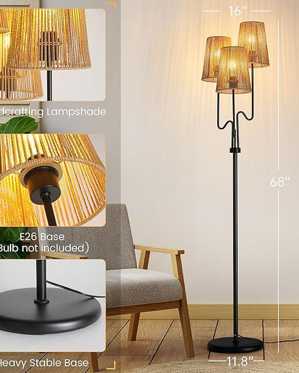 Boho Floor Lamp, 68in. Rattan Floor Lamp with Rattan Shade,3 Light Tree Standing Lamp for Bedroom,Nursery,E26 Socket, Living Room Floor Lamp for Rustic,Coastal, Beach or Bohemian Decor (Black) - LeafyLoom