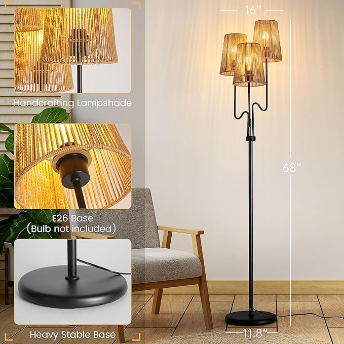 Boho Floor Lamp, 68in. Rattan Floor Lamp with Rattan Shade,3 Light Tree Standing Lamp for Bedroom,Nursery,E26 Socket, Living Room Floor Lamp for Rustic,Coastal, Beach or Bohemian Decor (Black) - LeafyLoom