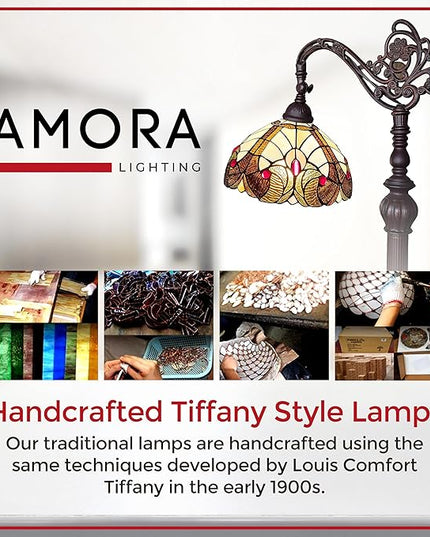 Amora Tiffany Style Floor Lamp Arched Vintage Antique 62" Tall Stained Glass Brown Red Tan Traditional Light Decor Bedroom Living Room Reading Gift AM344FL12 Lighting - LeafyLoom