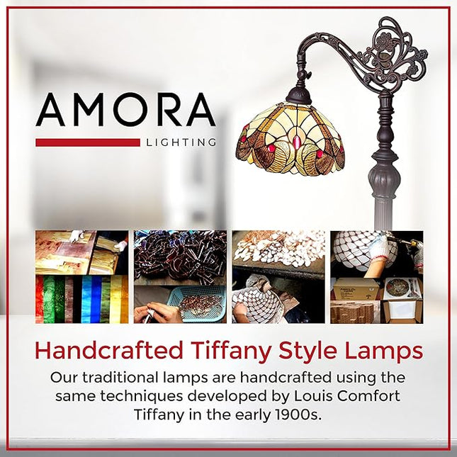 Amora Tiffany Style Floor Lamp Arched Vintage Antique 62" Tall Stained Glass Brown Red Tan Traditional Light Decor Bedroom Living Room Reading Gift AM344FL12 Lighting - LeafyLoom
