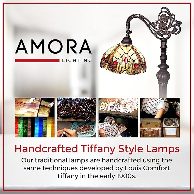 Amora Tiffany Style Floor Lamp Arched Vintage Antique 62" Tall Stained Glass Brown Red Tan Traditional Light Decor Bedroom Living Room Reading Gift AM344FL12 Lighting - LeafyLoom
