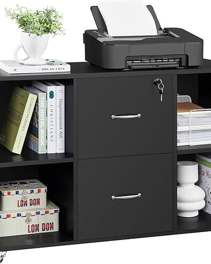 Yaheetech Black File Cabinet Large Mobile Storage Lateral Filing Cabinet with 2 Drawer and 4 Open Compartments,for Letter Size A4 Size, Printer Stand for Home Office, Black - LeafyLoom