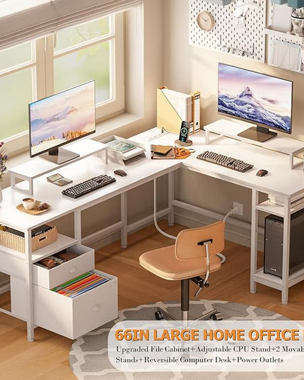 Furologee White 66” L Shaped Desk with Power Outlet, Reversible Computer Desk with File Drawer & 2 Monitor Stands, Home Office Desk with Storage Shelves, Corner Desk for Gaming Writing - LeafyLoom
