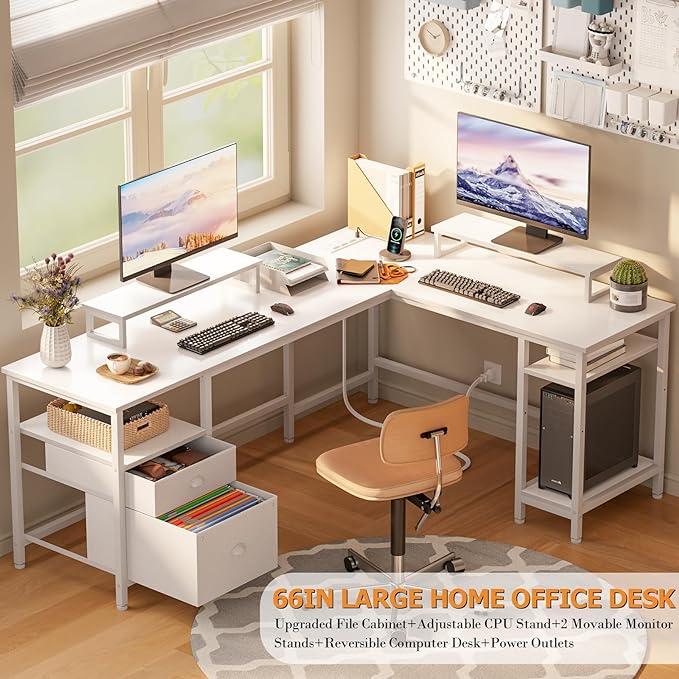 Furologee White 66” L Shaped Desk with Power Outlet, Reversible Computer Desk with File Drawer & 2 Monitor Stands, Home Office Desk with Storage Shelves, Corner Desk for Gaming Writing - LeafyLoom