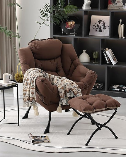 Lazy Chair with Ottoman, Modern Accent Chair Contemporary Lounge Leisure Upholstered Sofa Chair Set with Armrests, Reading Chair for Living Room, Bedroom, Office, Dark Brown - LeafyLoom