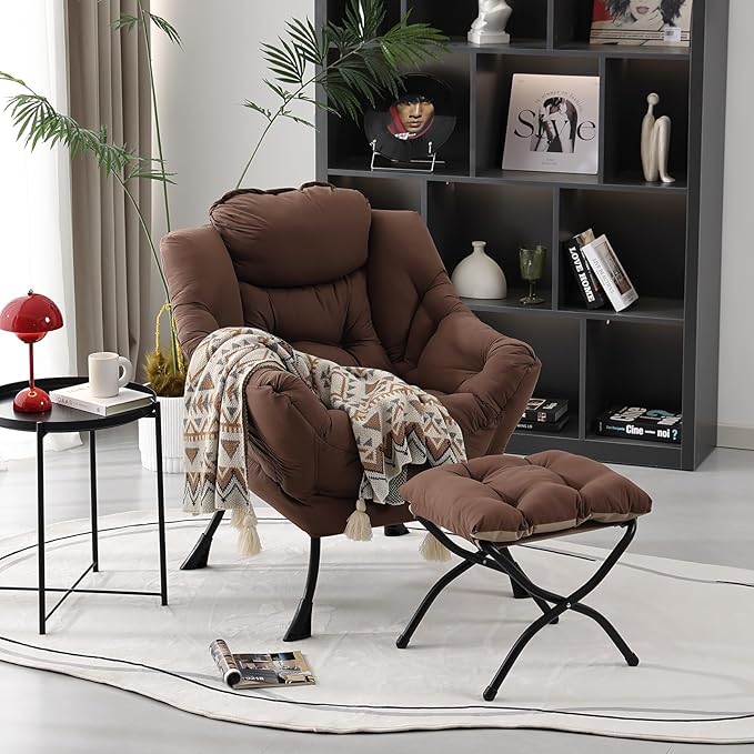 Lazy Chair with Ottoman, Modern Accent Chair Contemporary Lounge Leisure Upholstered Sofa Chair Set with Armrests, Reading Chair for Living Room, Bedroom, Office, Dark Brown - LeafyLoom