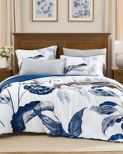 WRENSONGE King Size Comforter Set, 7 Pieces Blue Floral Comforter Set with Sheets for King Size Bed, Leaf Pattern King Bedding Set, Soft Breathable Microfiber Bed in a Bag King for All Seasons - LeafyLoom