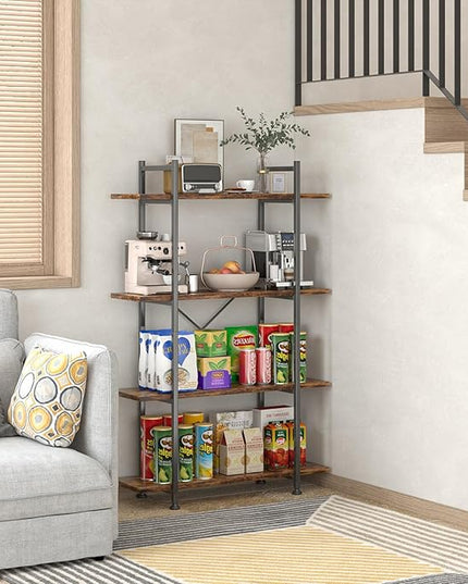 4 Tiers Bookshelf Rustic Brown Wooden Storage Shelf, Industrial shelf Book Organizer,Modern Open Display Storage Bookcase,Metal Bookshelf Standing Tall Shelving Units for Home Office Study. - LeafyLoom