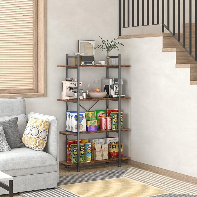 4 Tiers Bookshelf Rustic Brown Wooden Storage Shelf, Industrial shelf Book Organizer,Modern Open Display Storage Bookcase,Metal Bookshelf Standing Tall Shelving Units for Home Office Study. - LeafyLoom