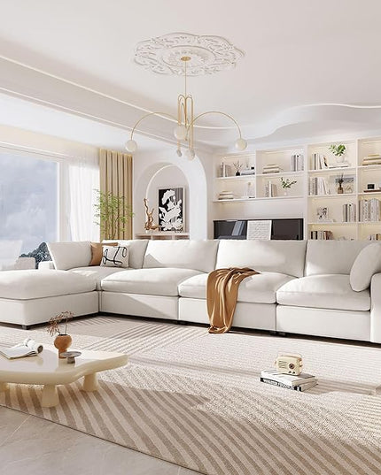 176.4 inch Oversized Sectional Sofa with Removable Ottoman, 5-Seater L Shaped Modular Corner Couch for Living Room, Office, Spacious Space, Beige - LeafyLoom