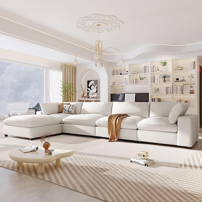 176.4 inch Oversized Sectional Sofa with Removable Ottoman, 5-Seater L Shaped Modular Corner Couch for Living Room, Office, Spacious Space, Beige - LeafyLoom