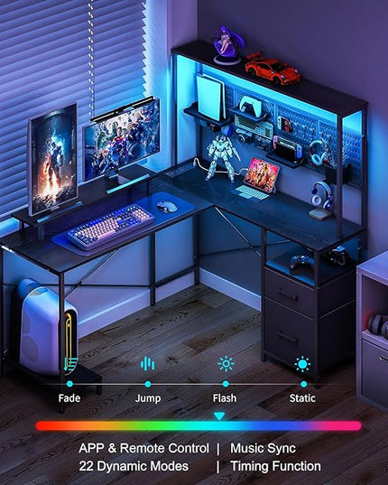 Yoobure L Shaped Desk with Pegboard, Reversible Gaming Desk with LED Lights & Power Outlets, Computer Desk with Drawers & Storage Shelves, Office Desk with Monitor Stand Corner Desk Home Office Desks - LeafyLoom