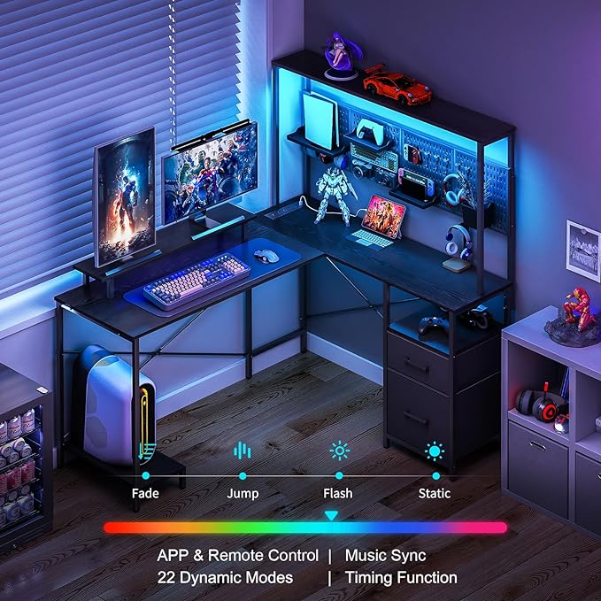 Yoobure L Shaped Desk with Pegboard, Reversible Gaming Desk with LED Lights & Power Outlets, Computer Desk with Drawers & Storage Shelves, Office Desk with Monitor Stand Corner Desk Home Office Desks - LeafyLoom
