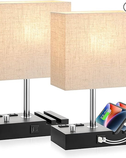Bedside Lamps for Bedroom Set of 2, Kakanuo Fully Dimmable Small Beige Nightstand Lamps with USB C Ports and 2 Charging Outlets, Wooden Table Lamp with Phone Stands for Living Room, LED Bulbs Included - LeafyLoom