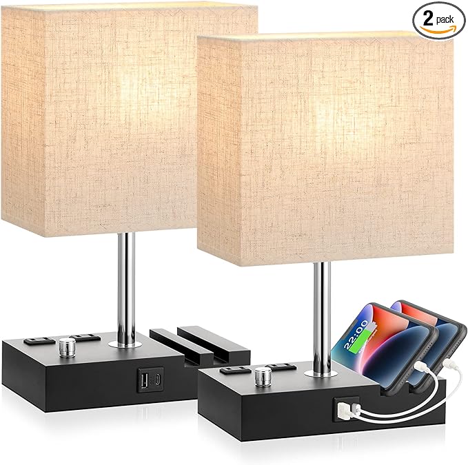 Bedside Lamps for Bedroom Set of 2, Kakanuo Fully Dimmable Small Beige Nightstand Lamps with USB C Ports and 2 Charging Outlets, Wooden Table Lamp with Phone Stands for Living Room, LED Bulbs Included - LeafyLoom