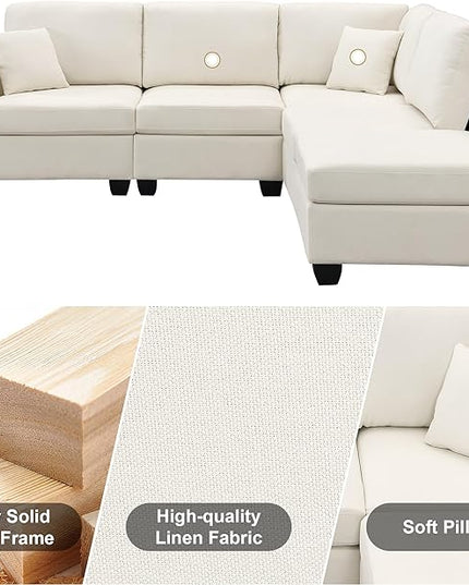 89.8" Modern Sectional Sofa with Convertible Ottoman and 2 Pillows,L-Shape Linen Fabric Corner Couch 5 Set W/Back & Cushion,can Hold up to 330 Lbs,for Apartment,Living Room,Beige - LeafyLoom
