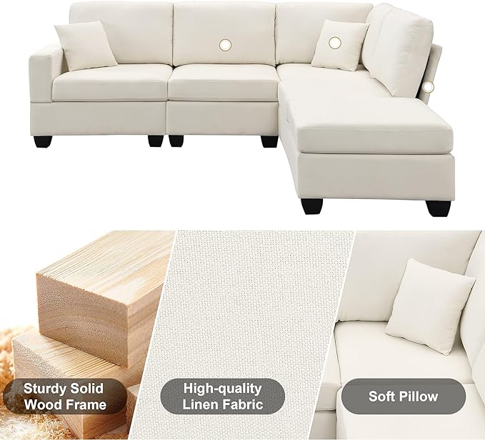 90" Modular Sectional Sofa with Convertible Ottoman, 5 Seats L-Shape Reversible Solid Corner Sofa with 2 Pillows, Linen Modern Sleeper Couch for Living Room, Apartment, Office (Cream White) - LeafyLoom