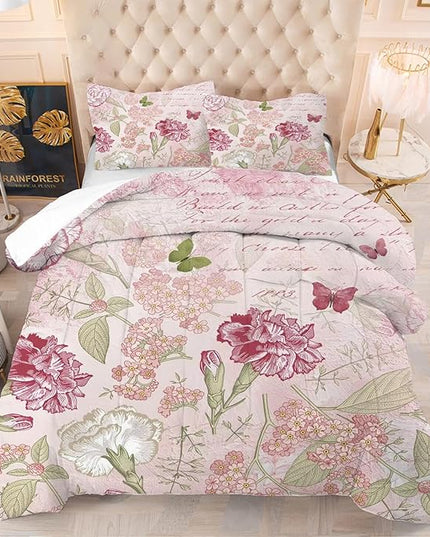 kxry Pink Flower Comforter Sets Butterfly Bedding Sets King Size Comforter Set for Girls Women Kids 1 Comforter + 2 Pillow Case - LeafyLoom