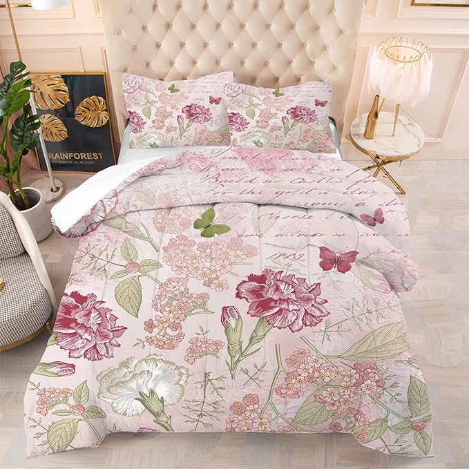kxry Pink Flower Comforter Sets Butterfly Bedding Sets Twin Size Comforter Set for Girls Women Kids 1 Comforter + 1 Pillow Case - LeafyLoom