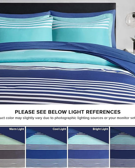 Comfort Spaces Full Comforter Sets with Sheets - Bed in a Bag 9 Pieces Teen Bedding Sets Full, Navy and Grey Stripes Bedding Full, College Full Bed Set, 2 Side Pocket Bedroom Organizer Full Navy - LeafyLoom