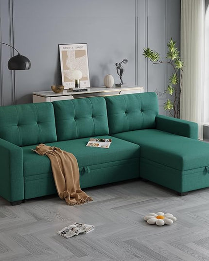 82'' L Shaped Pull Out Couch with Storage Chaise,Convertible Sectional Sleeper Sofa Bed W/ 3 Removable Back Cushions for Living Room,Office,Apartment,Green, 82" - LeafyLoom