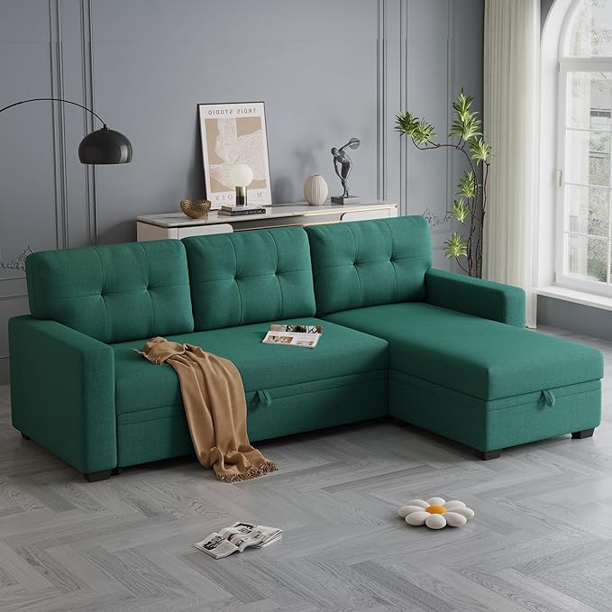 82'' L Shaped Pull Out Couch with Storage Chaise,Convertible Sectional Sleeper Sofa Bed W/ 3 Removable Back Cushions for Living Room,Office,Apartment,Green, 82" - LeafyLoom