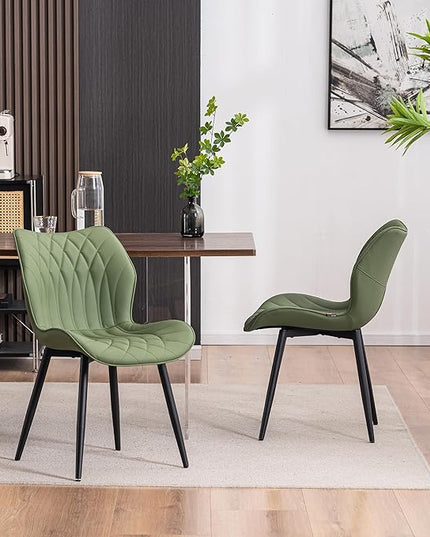YOUNIKE Dining Chairs Set of 2, Upholstered Faux Leather Kitchen Dining Room Chairs, Modern Living Room Bedroom Side Chairs with Wide Curved Back and Metal Legs, Olive Green - LeafyLoom
