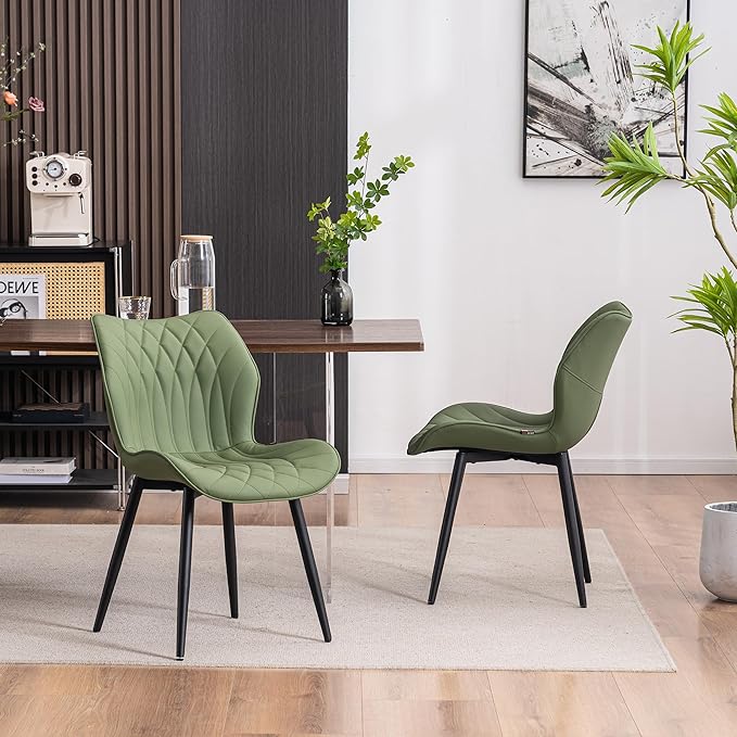 YOUNIKE Dining Chairs Set of 2, Upholstered Faux Leather Kitchen Dining Room Chairs, Modern Living Room Bedroom Side Chairs with Wide Curved Back and Metal Legs, Olive Green - LeafyLoom