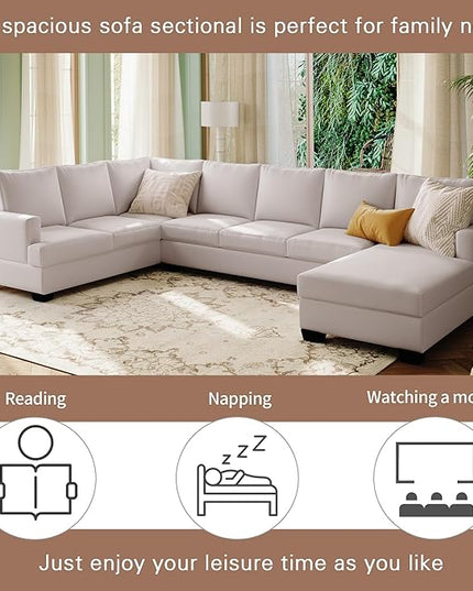 125.6" Large U-Shaped Sectional Sofa with Extra Wide Chaise Loung, Modern Oversized Modular Deep Seat Upholstered Couch for Home, Apartment, Living Room Furniture Set, Beige, 125.6 Inch - LeafyLoom