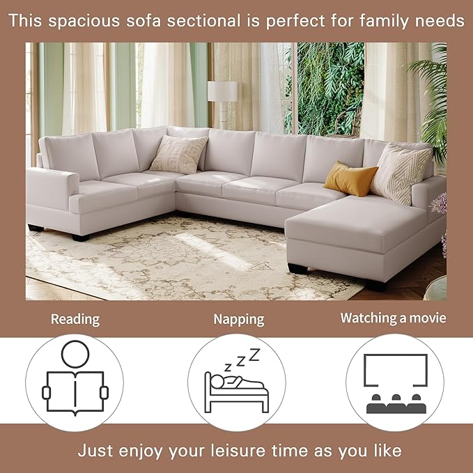 125.6" Large U-Shaped Sectional Sofa with Extra Wide Chaise Loung, Modern Oversized Modular Deep Seat Upholstered Couch for Home, Apartment, Living Room Furniture Set, Beige, 125.6 Inch - LeafyLoom
