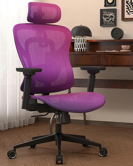 Ergonomic Mesh Office Chair, Gradient Purple Desk Chair with 3D Armrests, Adaptive Thoracic Support, 3D Lumbar Support & Adjustable Headrest, high Back Home Swivel Computer Chair with Tilt Function - LeafyLoom