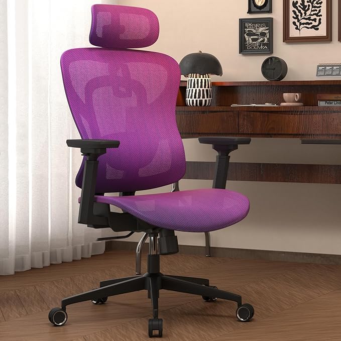 Ergonomic Mesh Office Chair, Gradient Purple Desk Chair with 3D Armrests, Adaptive Thoracic Support, 3D Lumbar Support & Adjustable Headrest, high Back Home Swivel Computer Chair with Tilt Function - LeafyLoom