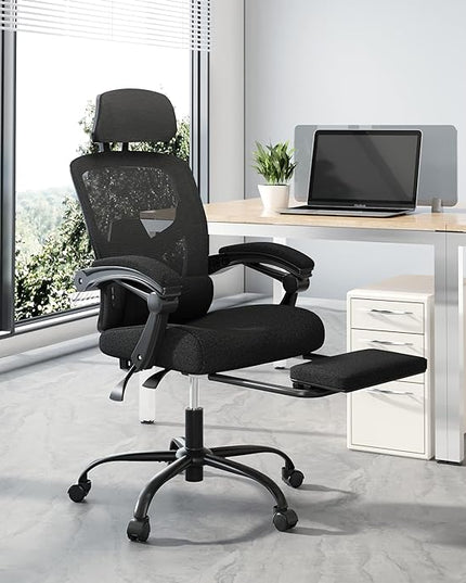 edx Ergonomic Office Chair, Reclining High Back Mesh Computer Desk Swivel Rolling Home Task Chair with Lumbar Support Pillow, Adjustable Headrest, Retractable Footrest and Padded Armrests, Black - LeafyLoom
