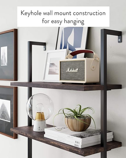 Nathan James Theo 4-Shelf Bookcase, Floating Wall Mount Shelves with Natural Wood and Industrial Pipe Metal Frame, Nutmeg/Black - LeafyLoom