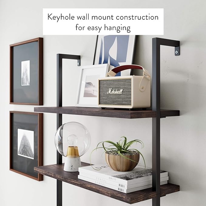 Nathan James Theo 4-Shelf Bookcase, Floating Wall Mount Shelves with Natural Wood and Industrial Pipe Metal Frame, Nutmeg/Black - LeafyLoom