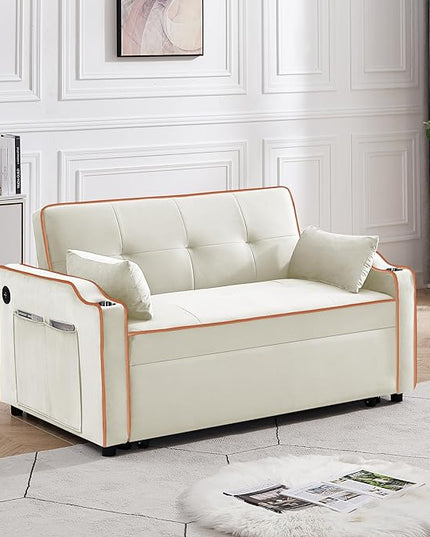 3-in-1 Velvet Upholstered Sofabed Tufted Futon Loveseat Sofa Convertible Sleeper Couch Bed with Cupholders and USB Charging Ports,Modern 2-Seaters Love Seat Daybed for Living Room, 55.2", Beige1 - LeafyLoom