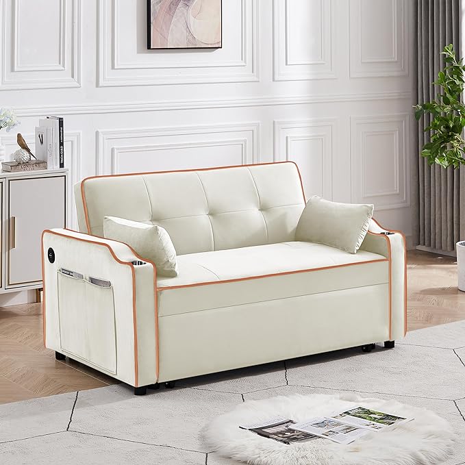 3-in-1 Velvet Upholstered Sofabed Tufted Futon Loveseat Sofa Convertible Sleeper Couch Bed with Cupholders and USB Charging Ports,Modern 2-Seaters Love Seat Daybed for Living Room, 55.2", Beige1 - LeafyLoom