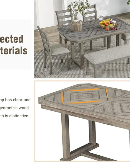 Merax 6-Piece Rubber Wood Dining Table Set with 4 Cushioned Chairs and Bench, Beautiful Grain Pattern Tabletop, 60 x 36 x 30.3 inch, Light Gray - LeafyLoom